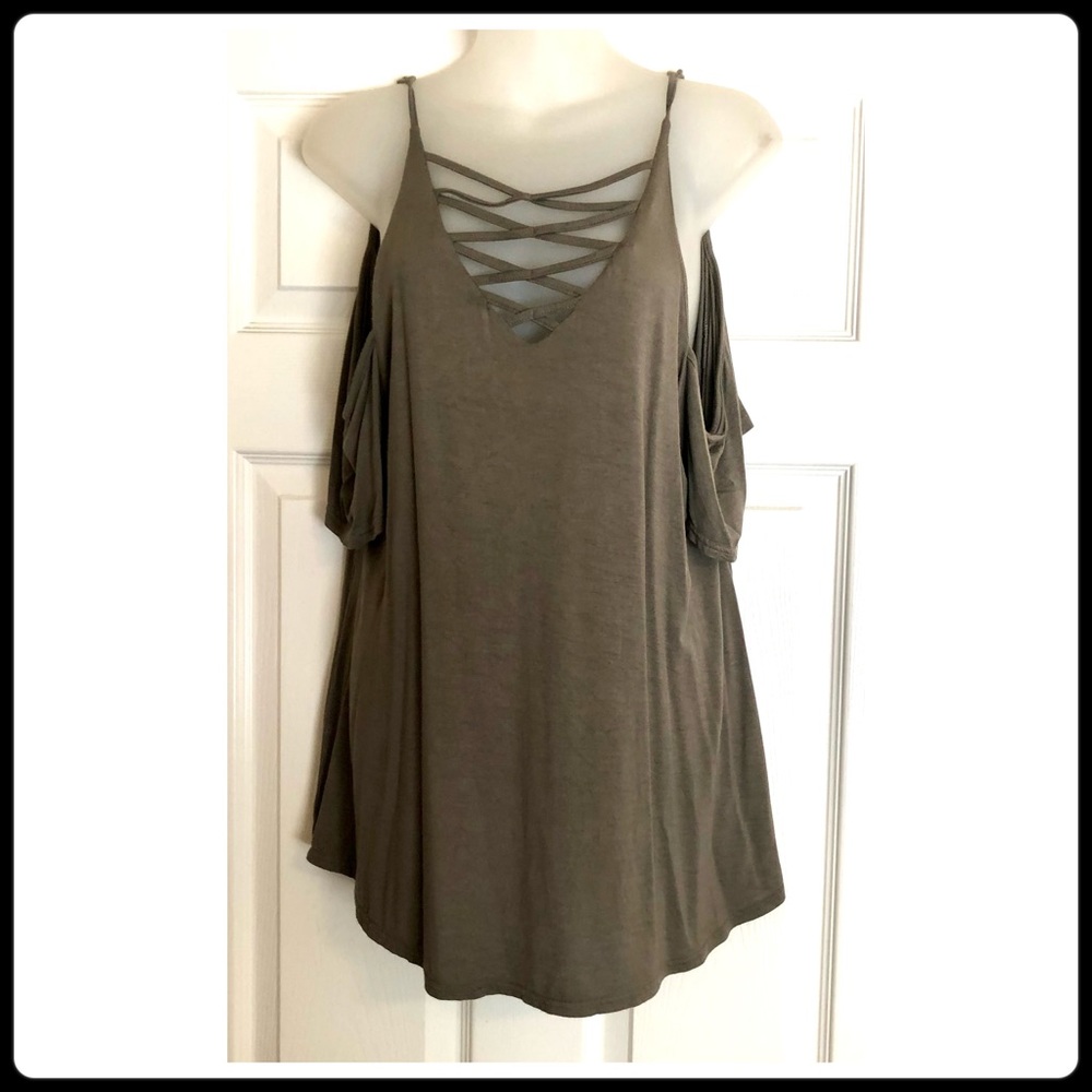 Umgee Taupe Cold Shoulder Top with Laced Detail V-neck